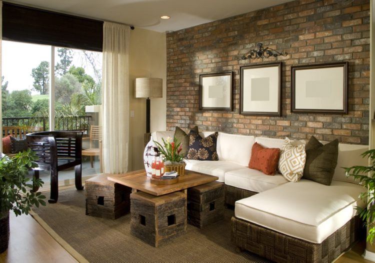 living room with cool brick accent wall