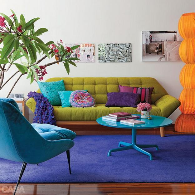 small living room with colorful furniture