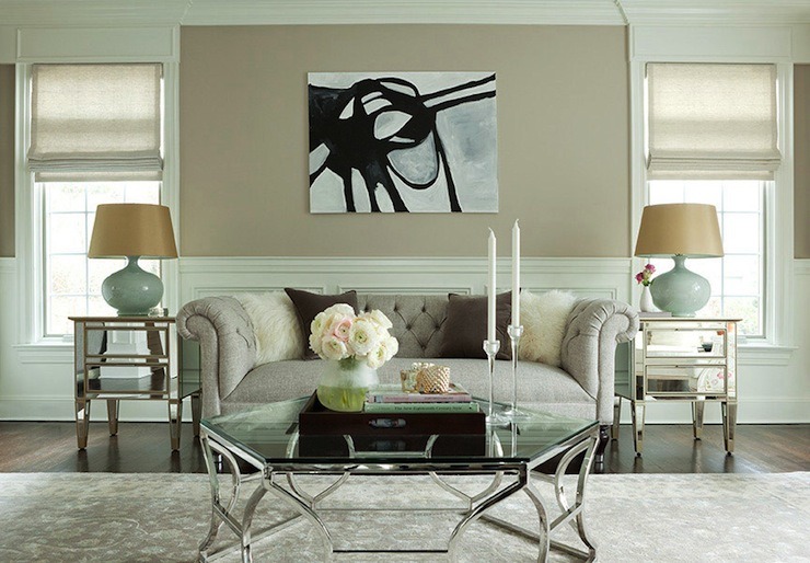 mirrored end tables in beautiful living room