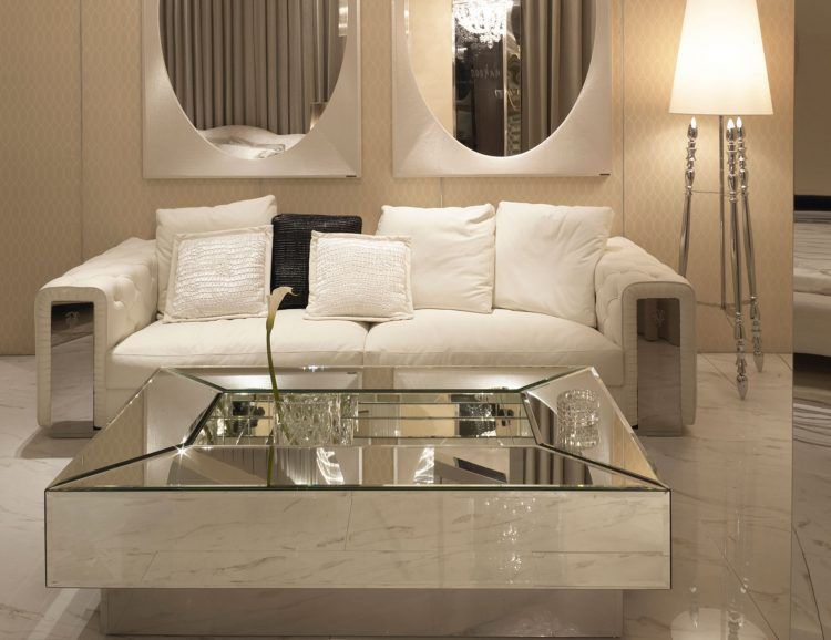 Furniture Modern Minimalist Living Room Design White Marble Floor Square Glass Top Mirrored Coffee Table White Leather Tufted Sofa Pair Wall Mounted Oval Mirror Chroming Freestanding Lamp Plants That In The Brilliant Mirrored Living Room Furniture With Regard To Inspire