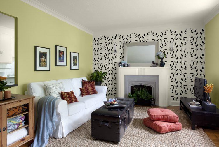 living room with patterned accent wall