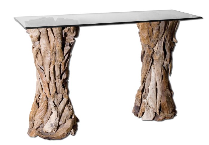 glass top hallway table with tree trunk base