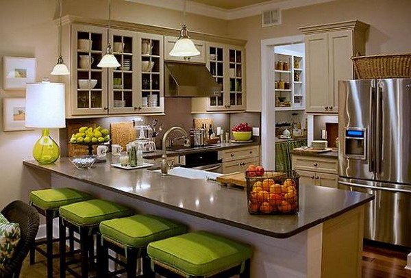 kitchen with green stools 