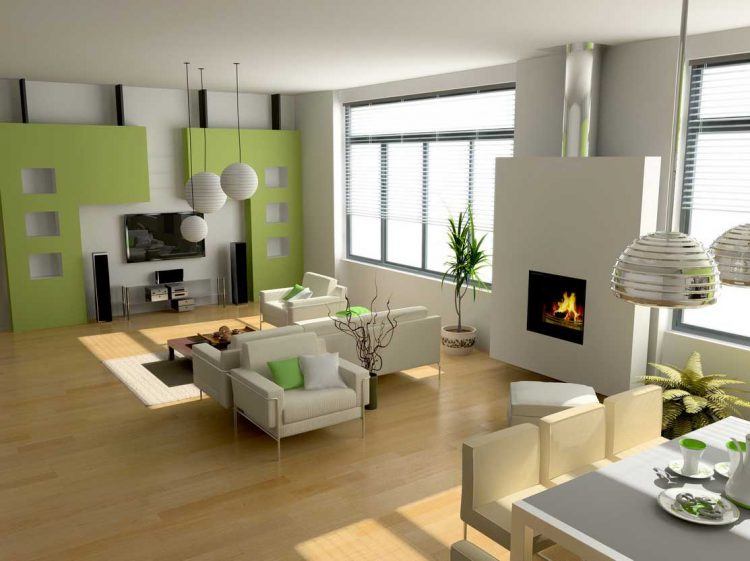 modern living room design with lime green wall