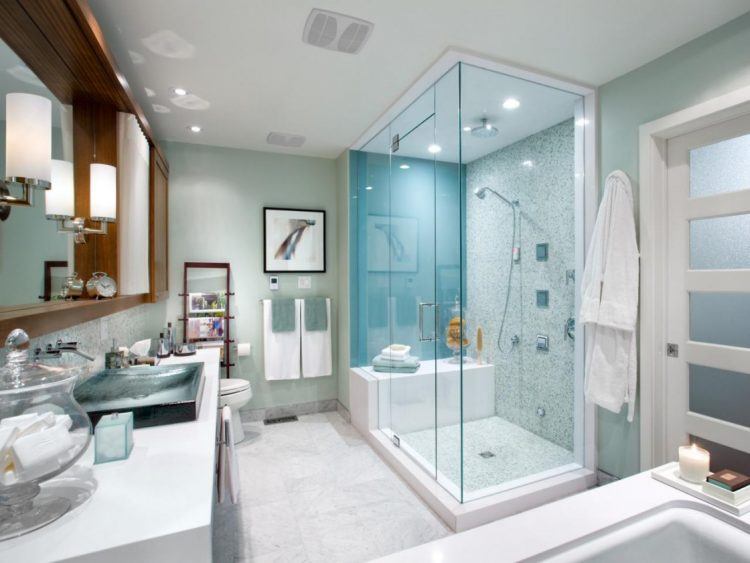 luxurious bathroom with blue walls