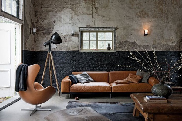 living room with brown leather furniture