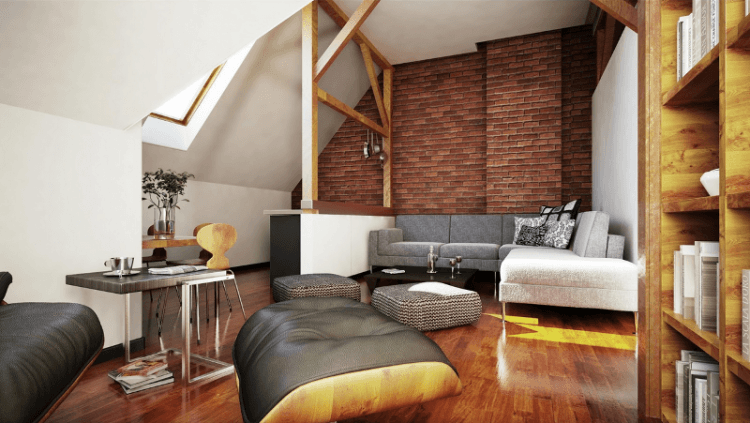 living room with hardwood flooring and brick accent wall