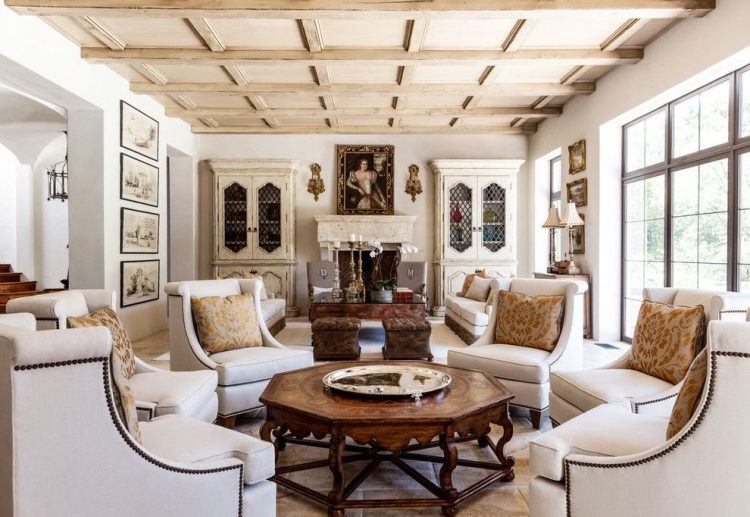 mediterranean living room decor with coffered ceiling