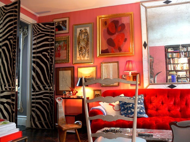 red living room with zebra doors