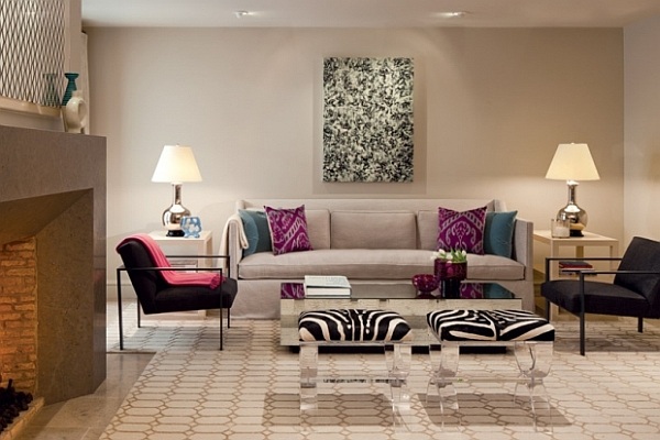 modern living room with zebra foot stools