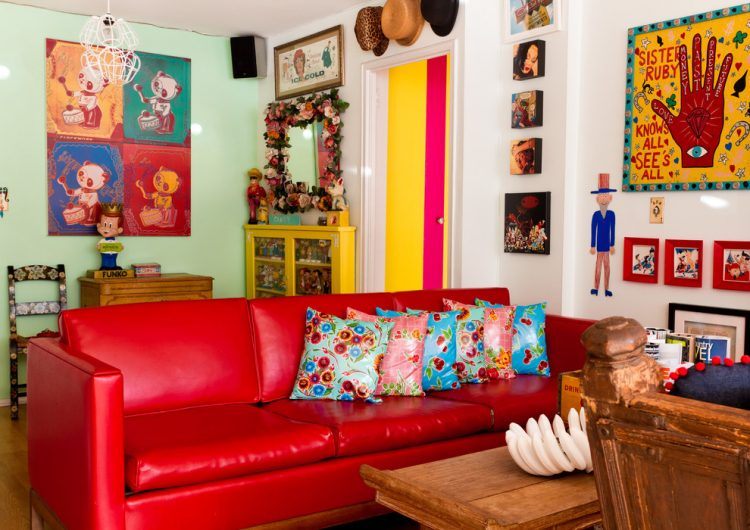 living room with modern red sofa