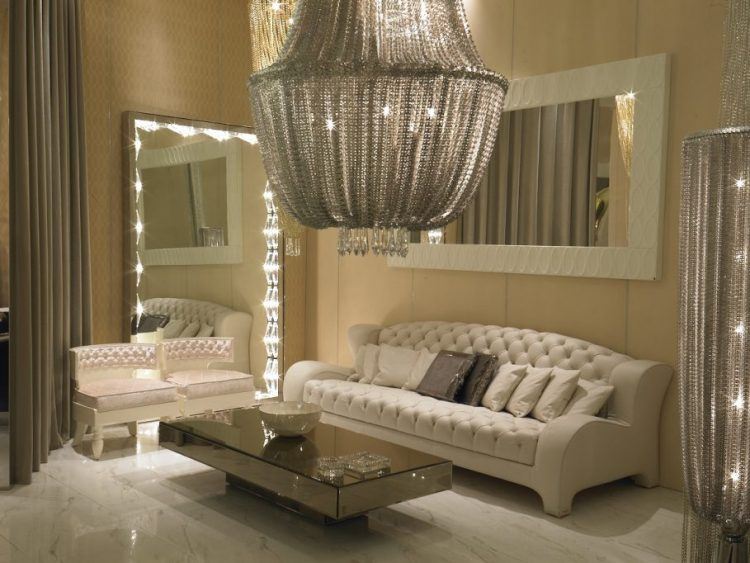 living room with large chandelier