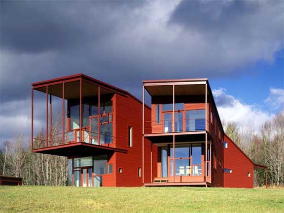 red house design with balconies