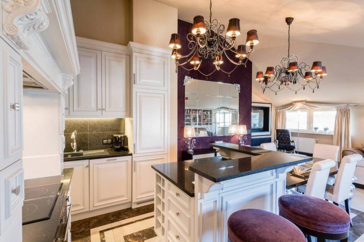 kitchen with cool purple accent wall