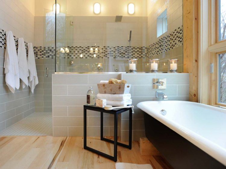 modern bathroom with black and white tub