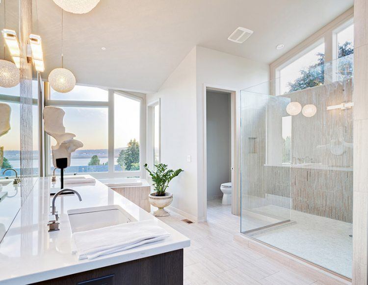 white bathroom with glass shower