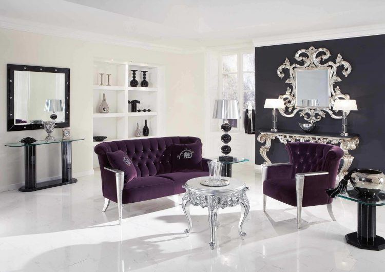 living room with purple furniture