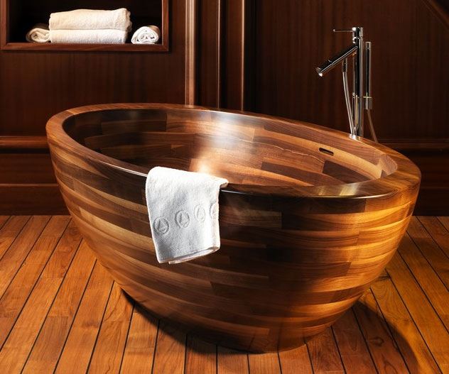 small freestanding wooden bath tub