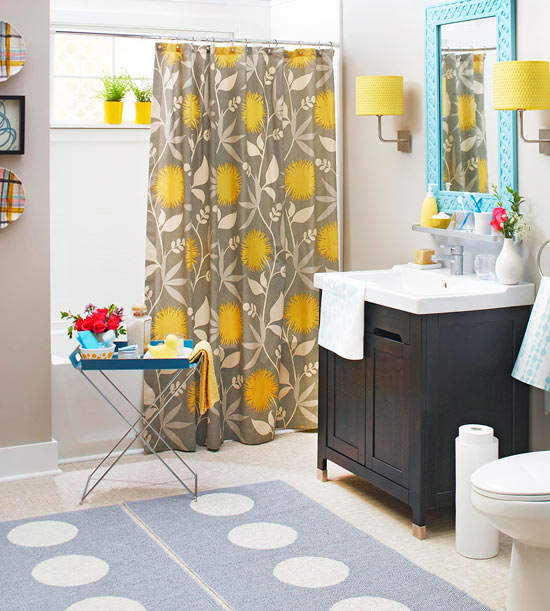 yellow and gray bathroom with accessories 