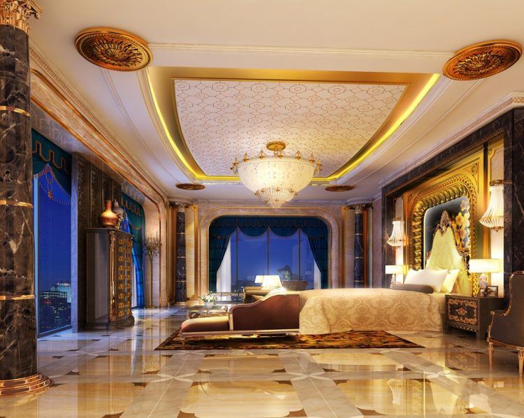 beautiful master bedroom with gold trim