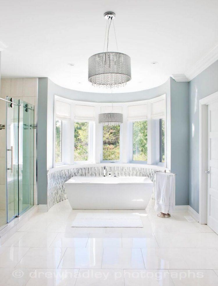 beautiful bathroom with modern chandelier 