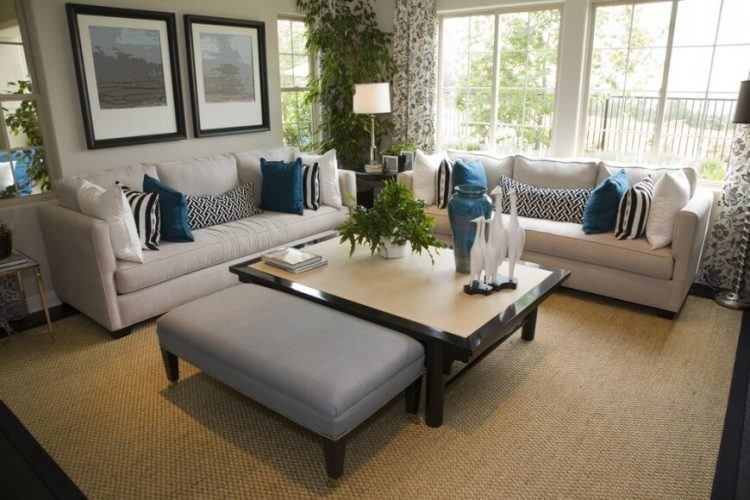 couch with blue accent pillows