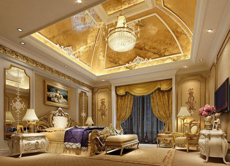 large bedroom with gold ceiling 