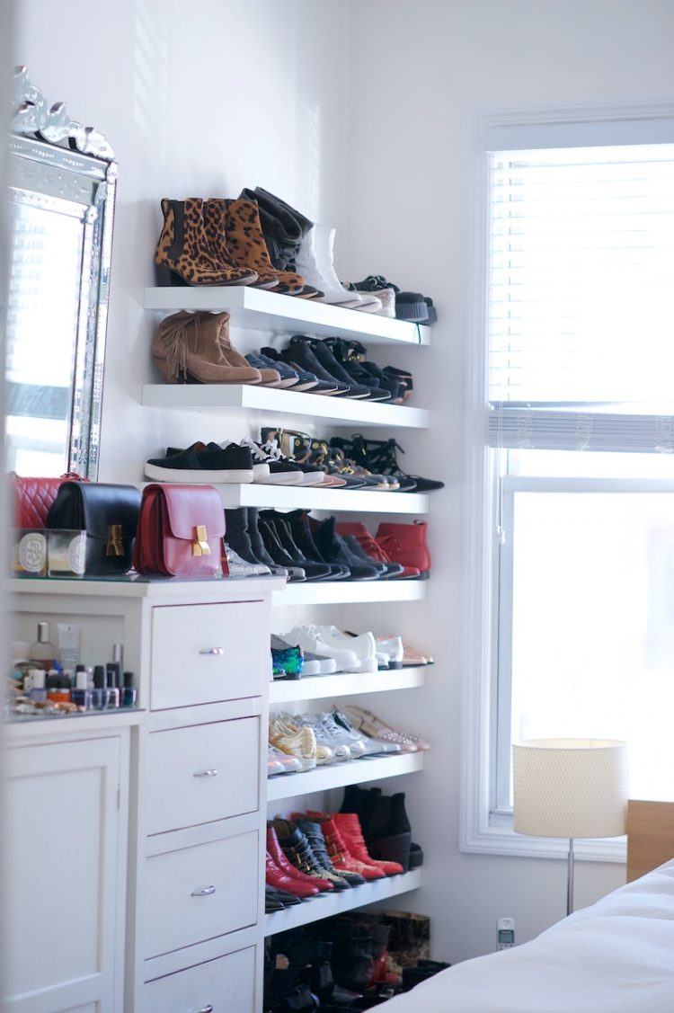 floating shoe shelving in closet