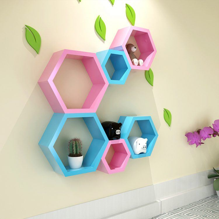 pink and blue hexagon shelving