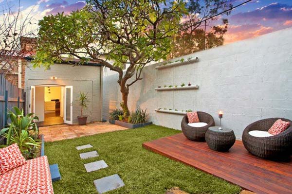 small backyard landscape with sitting area