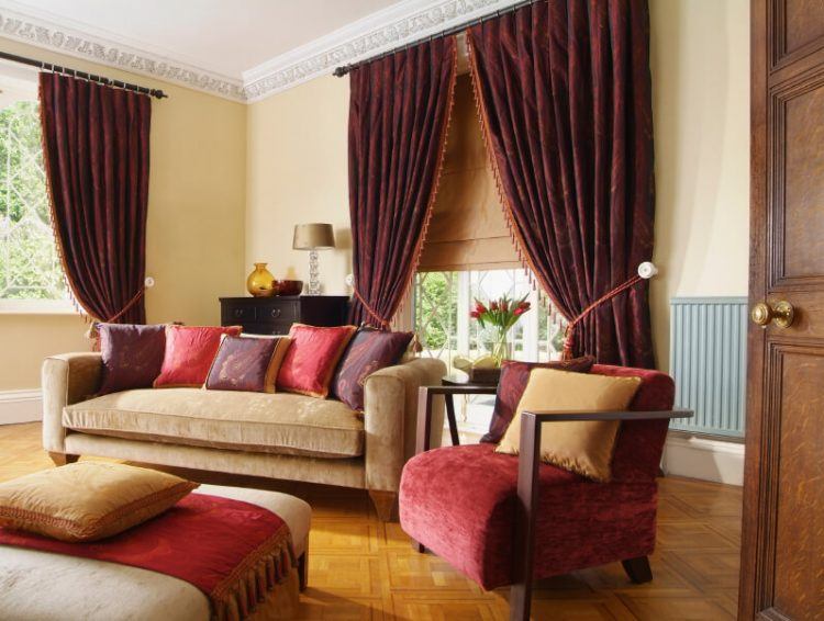 living room with red curtain 