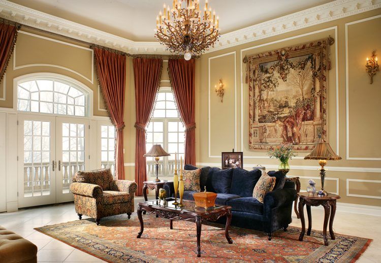 elegant living room with traditional chandelier 