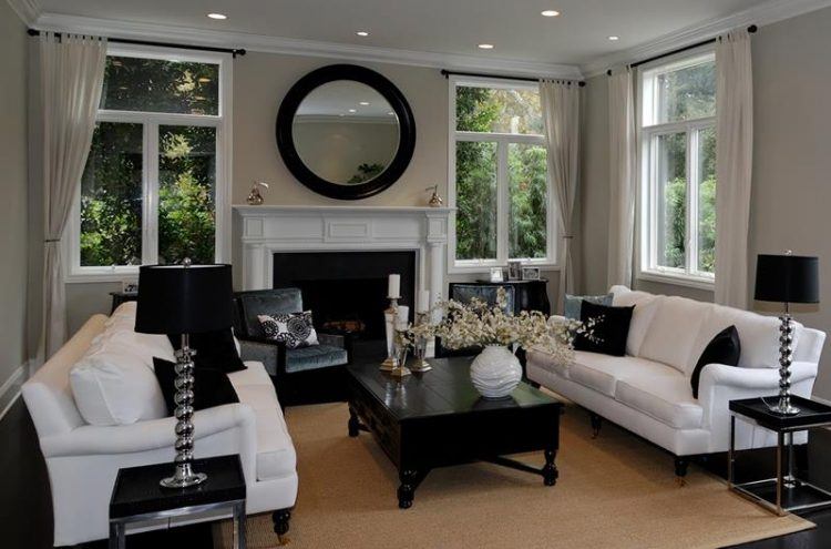 black and white living room with crown molding