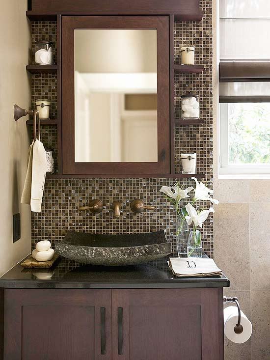 black vessel sink with tile backsplash