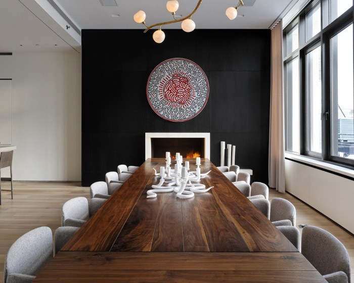 dining room with black accent wall