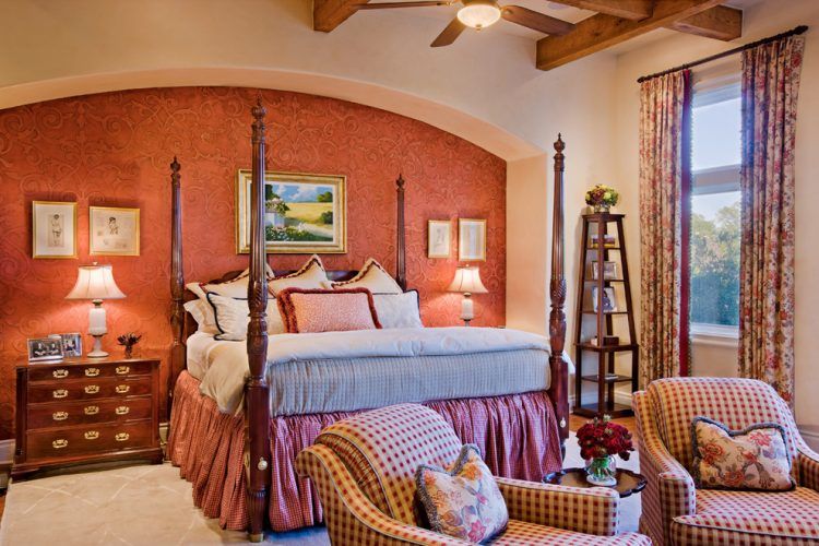 bedroom with bright embossed wallpaper