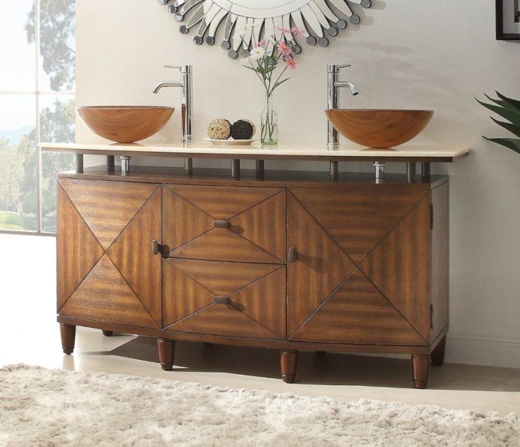 bathroom with two wooden round sinks