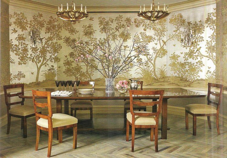 formal dining room with wallpaper painted by hand