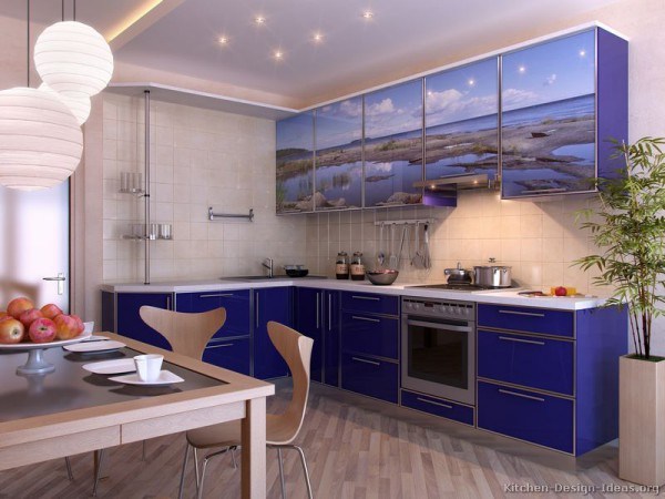 kitchen with creative blue cabinets