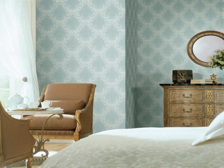 bedroom with blue paintable wallpaper