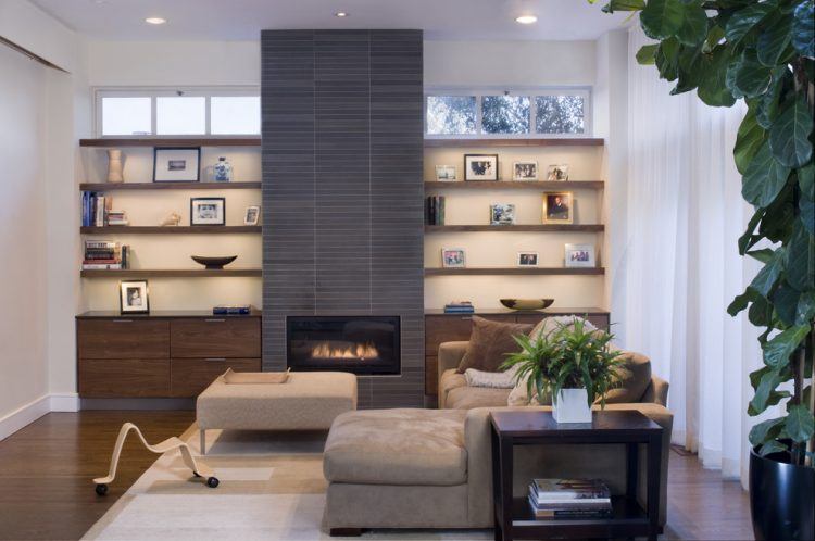 large living room with modern fire place 