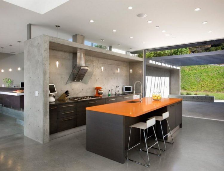 kitchen island with orange countertop