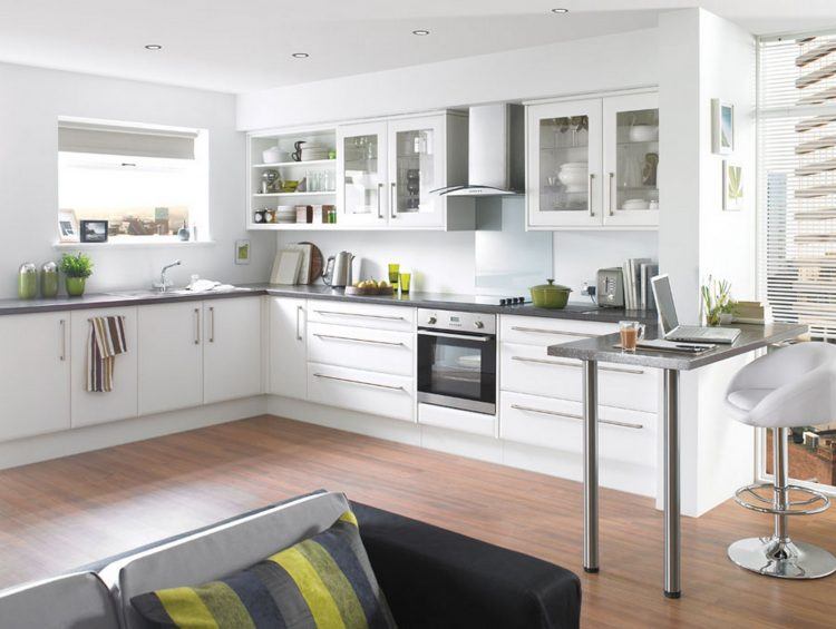 modern kitchen with laminate flooring 