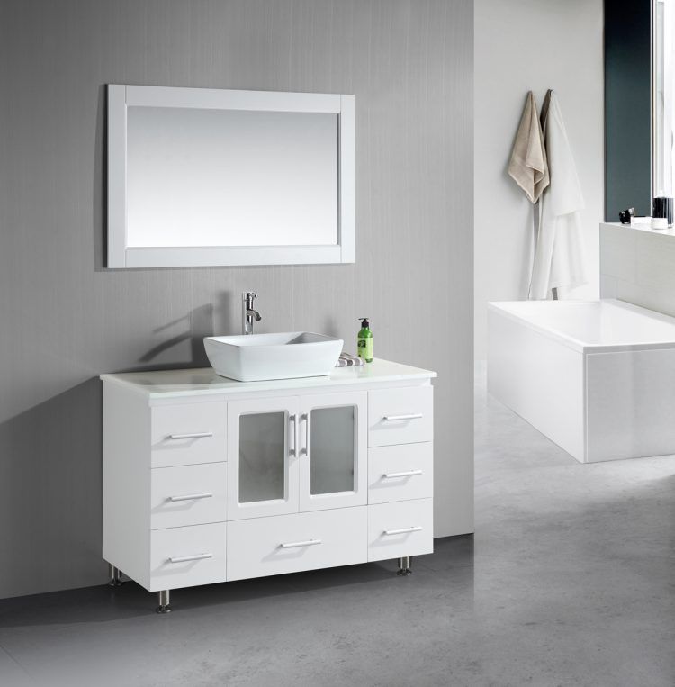 kitchen with white vanity and mirror