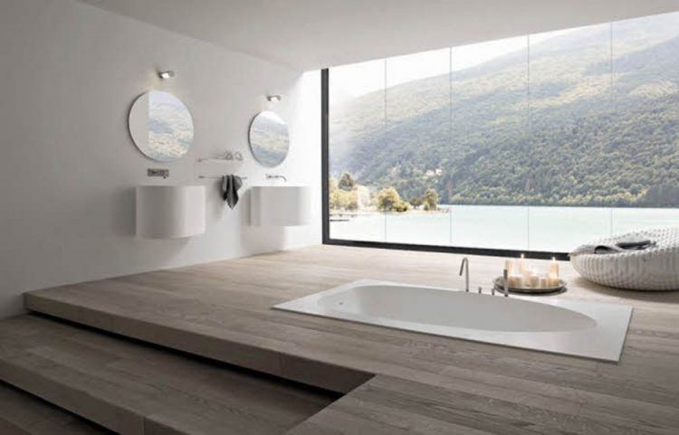 wooden bathroom with soaking tub