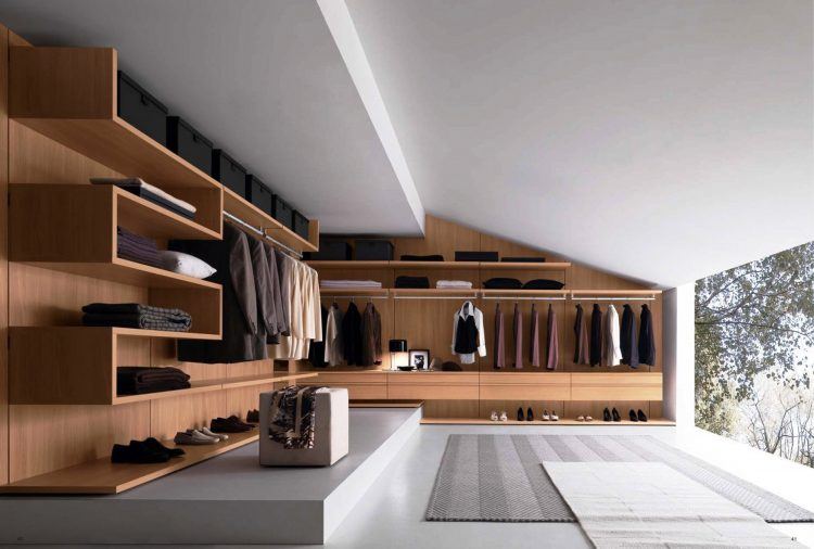 large walk-in closet with wooden design