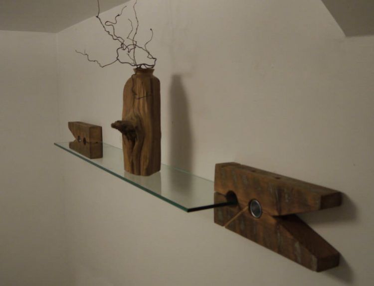 floating shelves with wood and glass