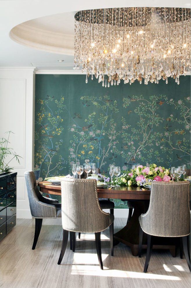 formal dining room with silk wallpaper