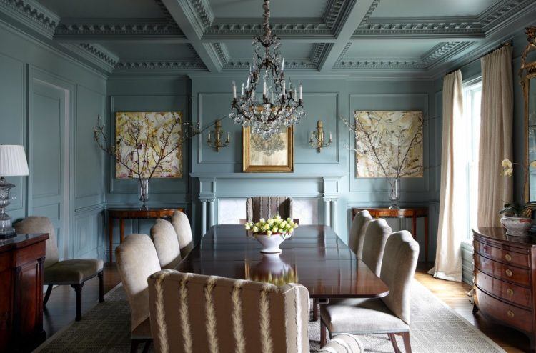 dining room with blue walls