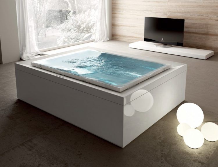 infinity bath tub across from TV